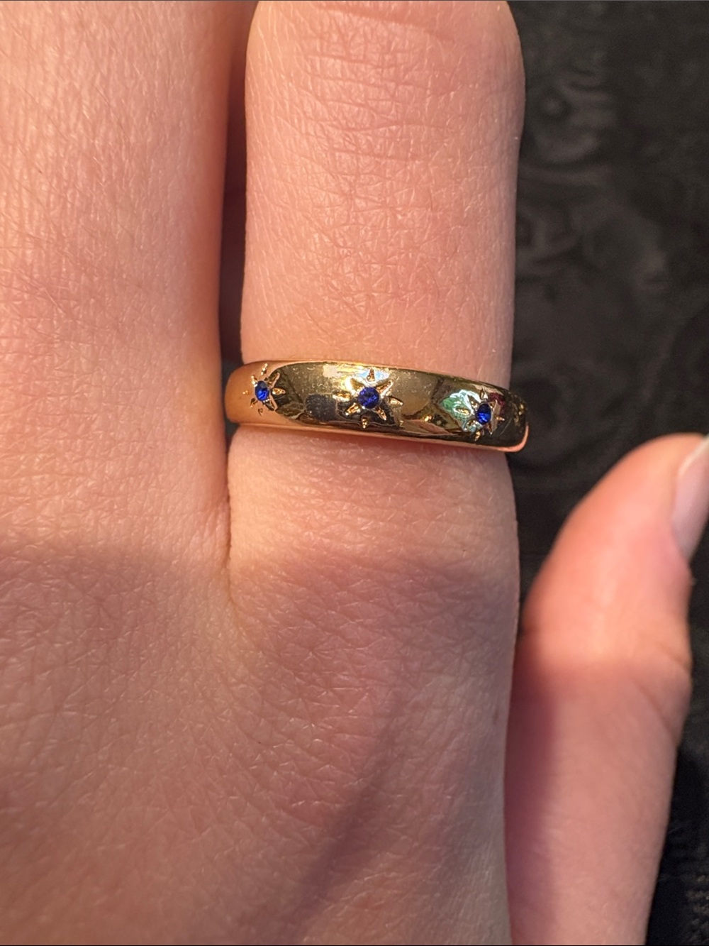 Gold Band Ring with Blue Gem Accents